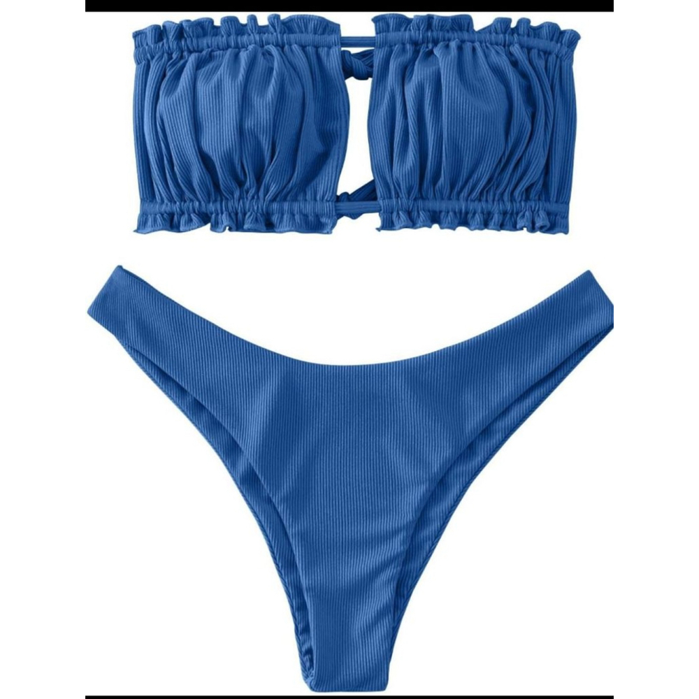ZAFUL Bikini Sexy Cutout Ribbed Swimsuit 2 Piece Ruffle Tie Bathing Suits